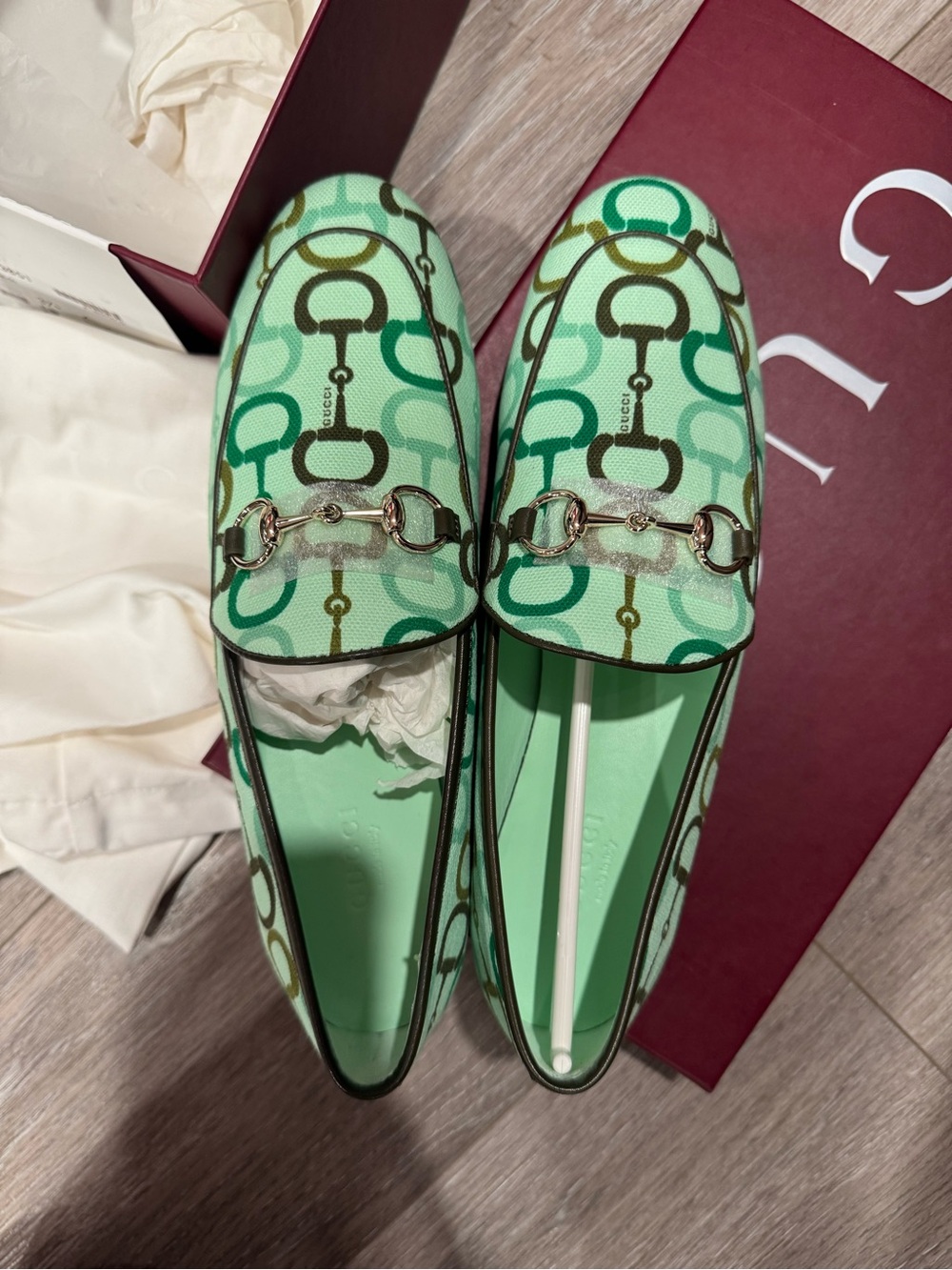 Gucci Mint & Teal Horsebit Logo Canvas Loafers